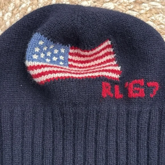 Rare Polo Ralph Lauren‎ RL67 American Flag Beanie 100% Wool Navy Heritage Hat